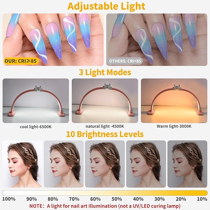 CGBE Half-Moon Nail Light for Desk : Professional Manicurist Table Lamp for Nail Salon Lighting and Eyelash Extensions with Phone Holder - Extra Large 30.7" Craft Desk Light - Pink