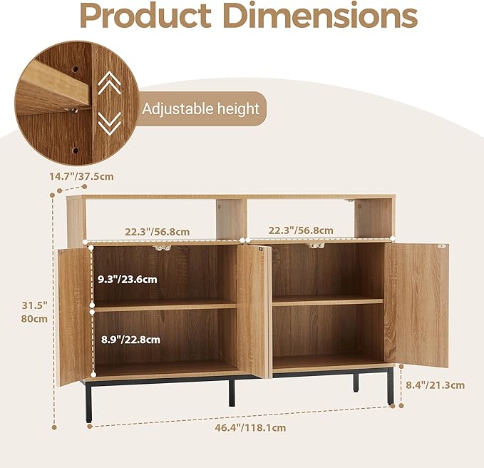 46.4" Fluted Sideboard Buffet Cabinet with Storage, Coffee Bar Console Cabinet with 4 Doors and Adjustable Shelves, Modern Wood Credenza for Kitchen, Living Room, Entryway, Natural
