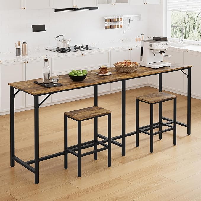 70.9" Bar Table and Chairs Set, Dining Table and Chair Sets, 3 Piece Counter Height Table and 2 Stools, Kithcen Table for Home Restaurant, Bar, Rustic Brown BT09BR