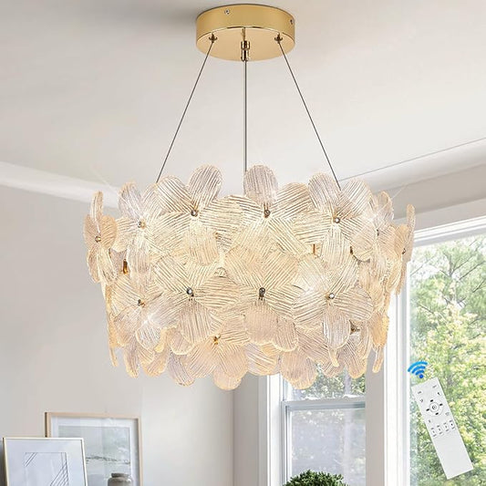 Flower Elegant Crystal LED Chandelier D20’’ Brushed Gold Contemporary for Dining Room Dimmable Flush Mount High Ceiling Chandeliers with Remote Control for Entryway Bedroom(3000K-6500K)