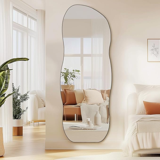 QDSSDECO Full Length Mirror with Bracket 63"x24" Irregular Wall Mirror Wave Frameless for Living Room Bathroom Bedroom Entryway Decor