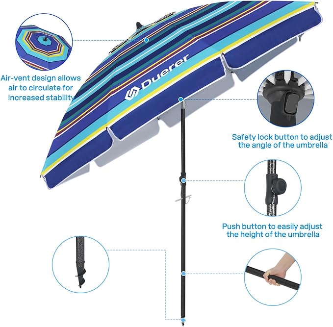 Duerer Beach Umbrellas, 8.5FT Beach Umbrella for Sand with Anchor Heavy Duty Windproof, Height Adjustable Tilt Iron Pole, Portable Beach Umbrella with Carrying Bag for Beach, Patio Garden Outdoor