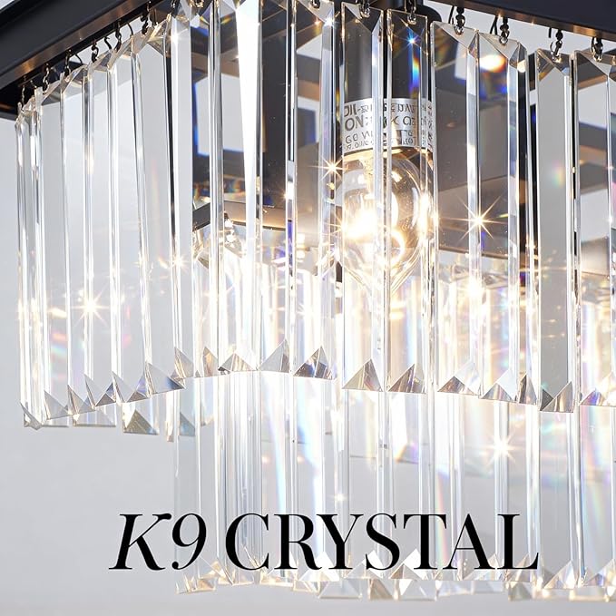 Rectangle Crystal Chandelier 59 inch, Modern Rectangular Chandeliers Ceiling Hanging Linear Chandeliers Light Fixture for Dining Room, Kitchen Island, Bar, Black,14-Light