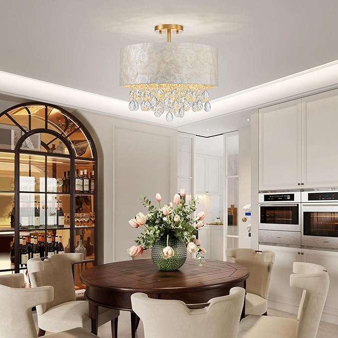 4-Light Drum Capiz Shell Crystal Chandeliers, Coastal Design Semi-Flushmount Ceiling Light Fixture for Dining Room, Bedroom, D16xH16 inch, Shell Lampshade & Gold Finish