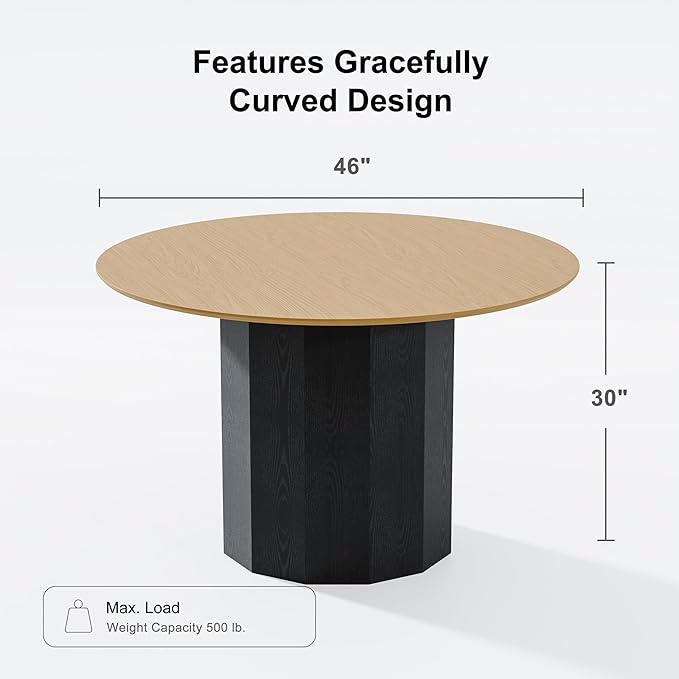 Casaphoria 46" Round Dining Table - Wood Top & Black Pedestal Base, Modern Farmhouse Kitchen Table for 4