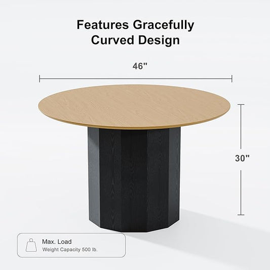 Casaphoria 46" Round Dining Table - Wood Top & Black Pedestal Base, Modern Farmhouse Kitchen Table for 4