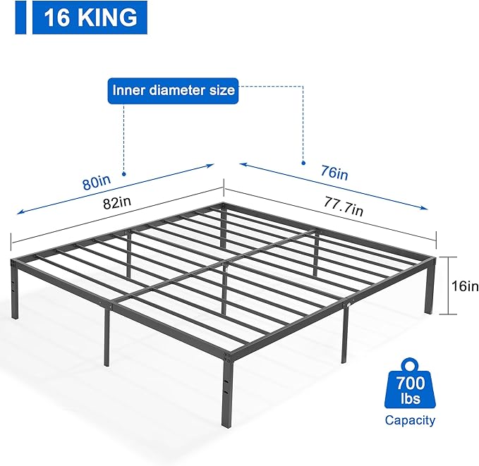 VECELO 16" King Size Metal Platform Tall Bed Frame,Heavy Duty Steel Slat/Easy Assembly Mattress Foundation/No Box Spring Needed