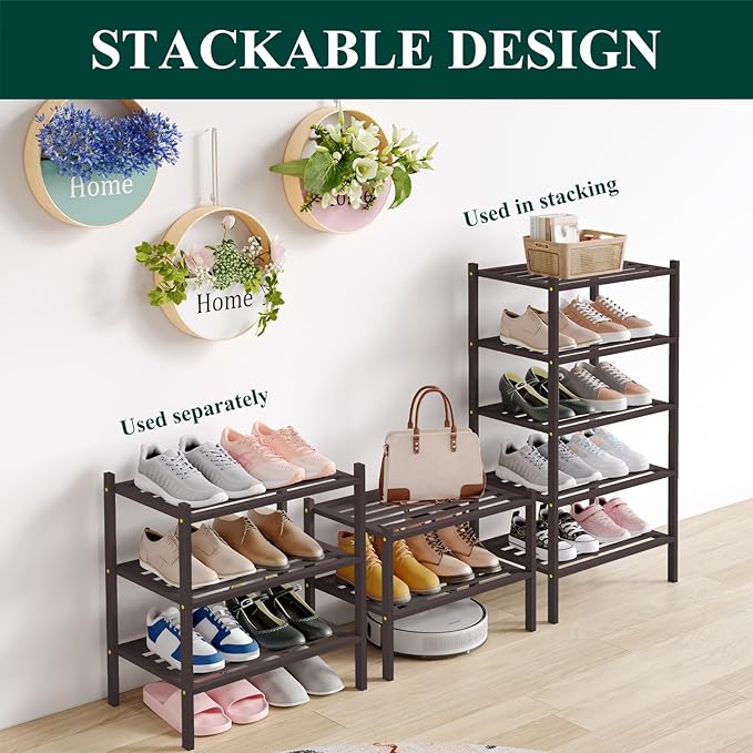 Smiry Small Bamboo Shoe Rack 5-Tier, Stackable Wooden Shoe Organizer for Entryway & Closet, Free Standing Wood Shoe Storage Shelf for Front Door & Small Spaces, Brown