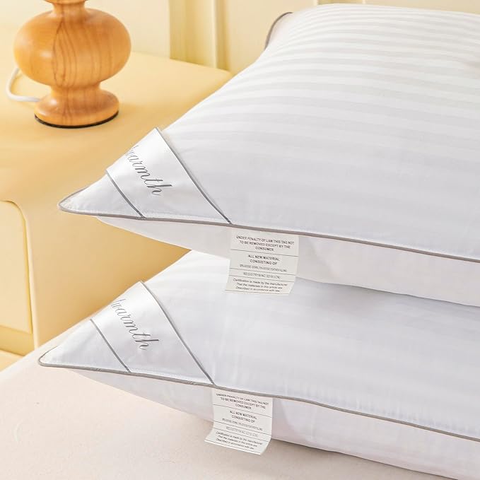Goose Feather Down Pillow, 100% Cotton Cover Bed Pillow Stripe White Standard (Pack of 2)