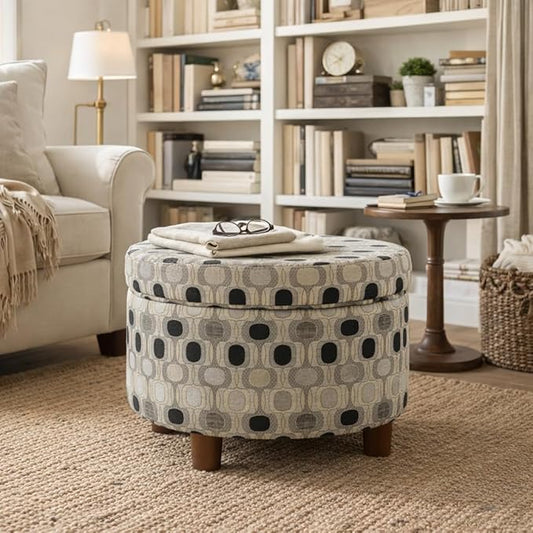 Homepop Home Decor | Upholstered Round Storage Ottoman | Ottoman with Storage for Living Room & Bedroom (Black Geo) Large