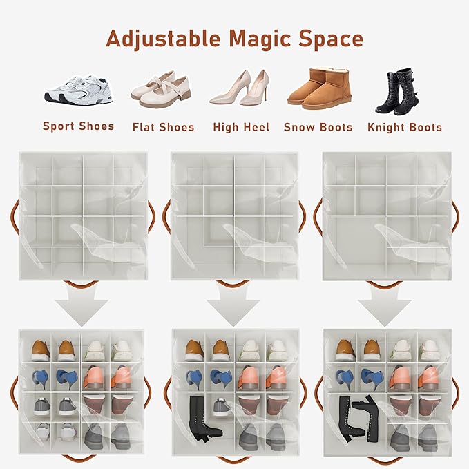 Shoe Organizer for Closet, Fabric Shoe Storage Bins with Clear Cover, Adjustable Dividers for Shoe Storage, Shoe Cube Organizer Fits up to 16 Pairs, Beige 1-Pack