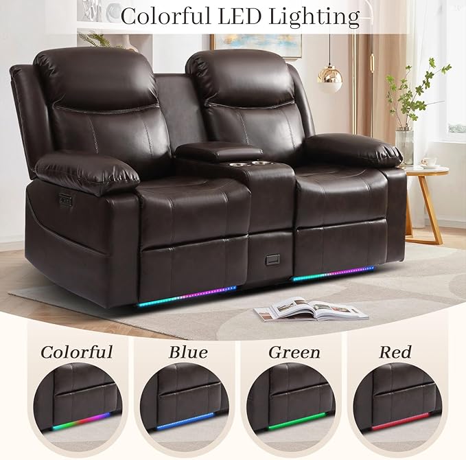 70" Power Reclining Loveseat Sofa, Electric Home Theater Seating with Motorized Buttons/Console/Storage Drawer/4 Colors Ambient Lighting/USB Port/Type-C