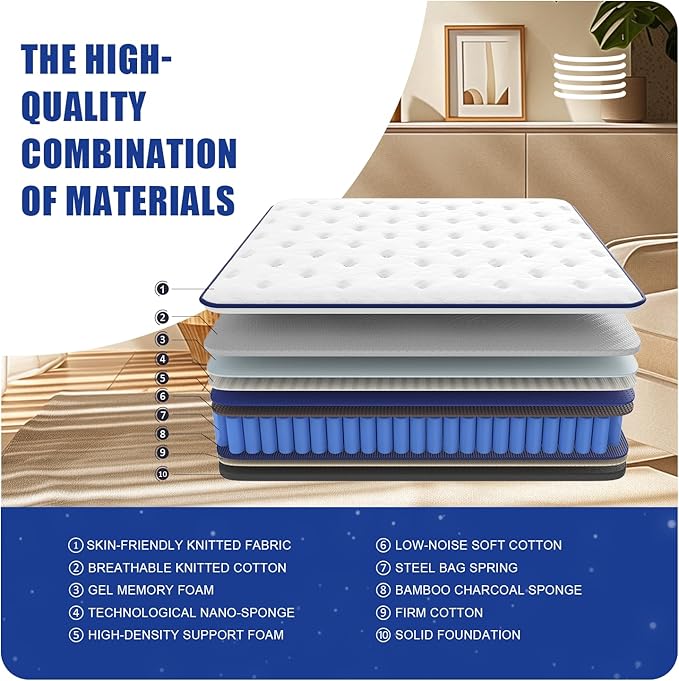 Queen Size Mattress 80 * 60 * 12 Inches Soft and Breathable Cotton Ergonomic Design Individually Pocketed Reinforced Springs All Around Quiet Sleep Comfort and Durable