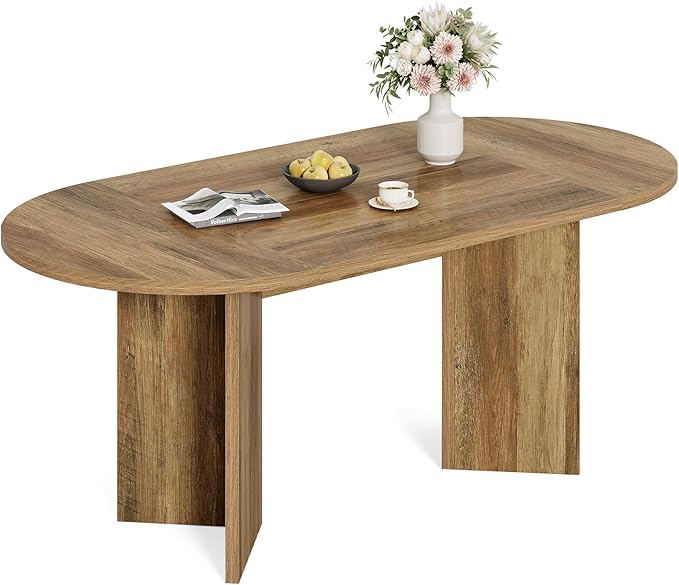 LITTLE TREE 63" Rustic Oval Dining Table for 2-4, Sturdy MDF Farmhouse Kitchen Table with Metal Strip Base, for Living Room, Office, Restaurant, Multi-Use, Umber