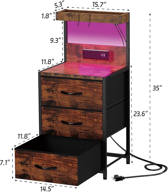 Nightstand, Dresser Nightstand with Charging Station and Led Lights, 3 Drawers Night Stand with Storage Shelf and Hooks, Tall End Side Table for Bedroom, Rustic Brown