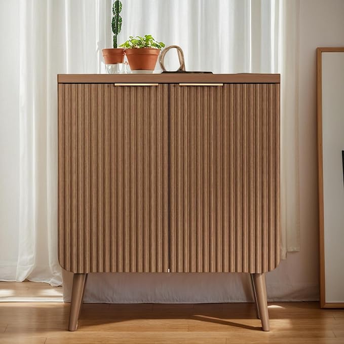 FONTOI 29.5" Wood Fluted Buffet Cabinet with 2 Doors & Storage - Multifunctional Kitchen Sideboard Credenza for Living Room & Entryway, Walnut