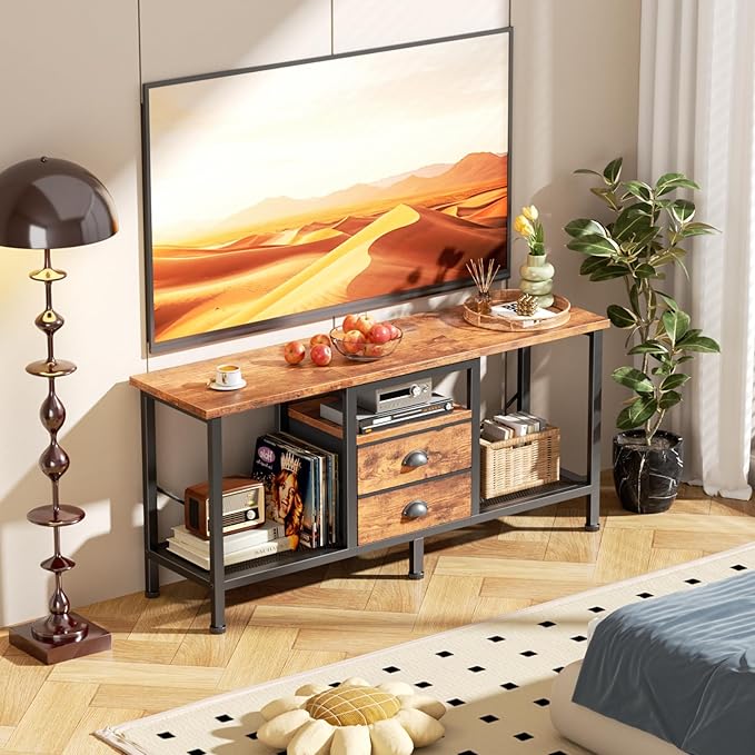 Furologee TV Stand with 2 Fabric Drawers, 43 Inch Entertainment Center with Open Storage Shelves, Media Console Table for Bedroom, Living Room, Rustic Brown
