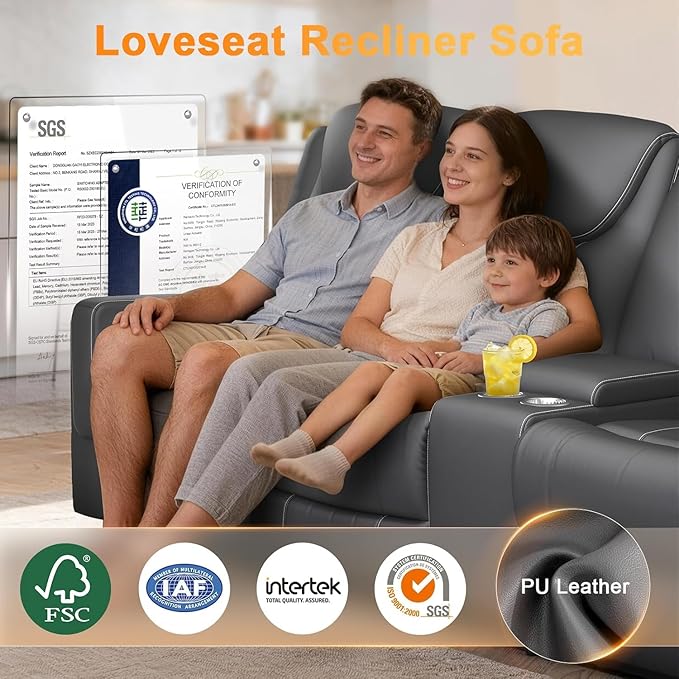 Dresegmt Home Theater Seating, Manual Recliner Sectional Sofa for Living Room, 5 Seater Reclining Sectional Couch with Flip-Up Backrest, Storage Console, USB Ports, L-Shaped Sofa PU Leather Gray