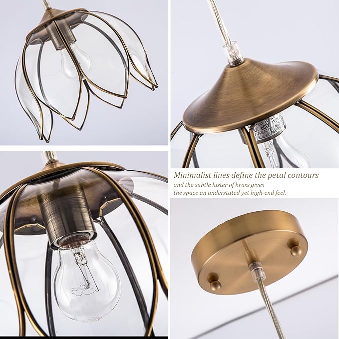 Brass Glass Ceiling Lotus Vintage Pendant Light, Hanging Chain lamp, with Vintage Lotus Flower Glass Shade for Kitchen Island Dining Room Bedroom Living Room-9.25" Clear Shade
