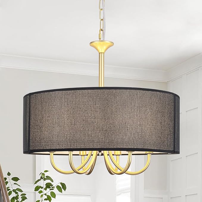 6-Light Gold Drum Chandelier, 18'' Farmhouse Dining Room Light Fixture Black Linen Drum Chandelier, Brass Round Chandelier Hanging Pendant Light for Bedroom Living Room Kitchen Foyer