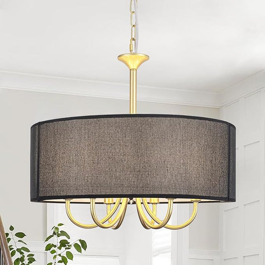 6-Light Gold Drum Chandelier, 18'' Farmhouse Dining Room Light Fixture Black Linen Drum Chandelier, Brass Round Chandelier Hanging Pendant Light for Bedroom Living Room Kitchen Foyer