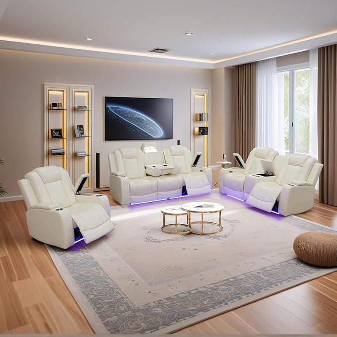 Power Reclining Sofa Set for Living Room, Leather Recliner Couch Set with Drop-Down Table, Power Pads, Cup Holders, Storage Console for House/Home Teather(Sofa, Loveseat and Chiar, Cream)