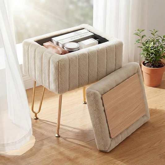 DUMOS Vanity Stool Chair with Storage, Small Ottoman Faux Fur Soft Padded Footstools Seat with 4 Metal Legs Anti-Slip Adjustable Feet Modern Footrest for Home Entryway Bedroom Makeup Camel
