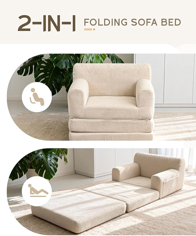 Boneless Couch Sofa Bed, Convertible Sleeper Chair with One-Piece High-Density Foam (No Lumps), Foldable Floor Mattress for Adults Guest Gaming, Non-Slip, Side Pockets, 84"x35", No Assembly
