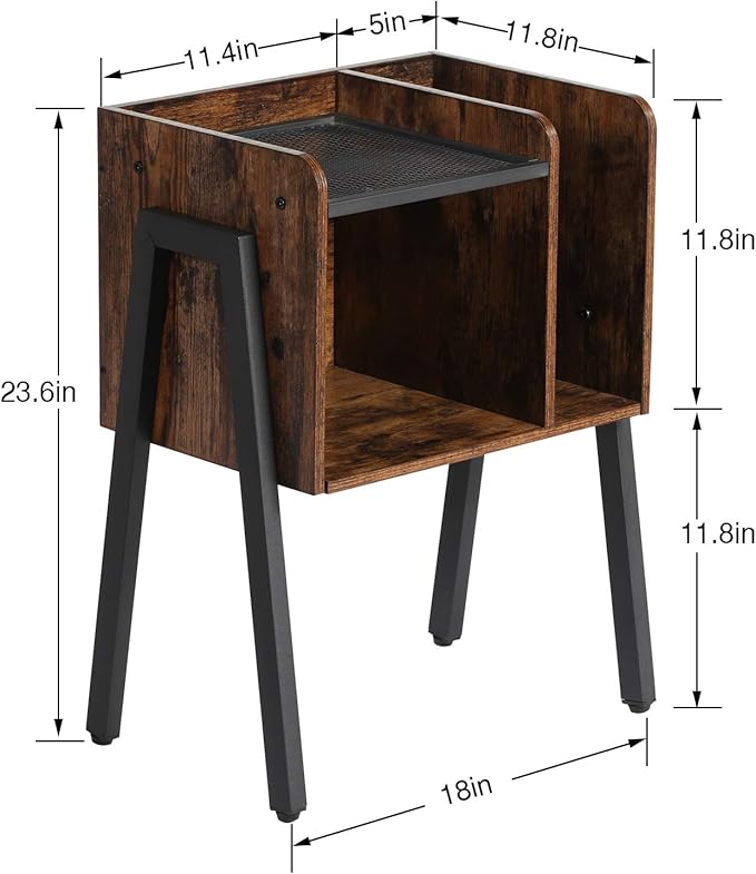 VECELO Night Stand Industrial End Table,Bedside Table with 2-Tier Open Storage Compartments,Wood Side Table with Metal Frame for Bedroom, Living Room and Small Spaces