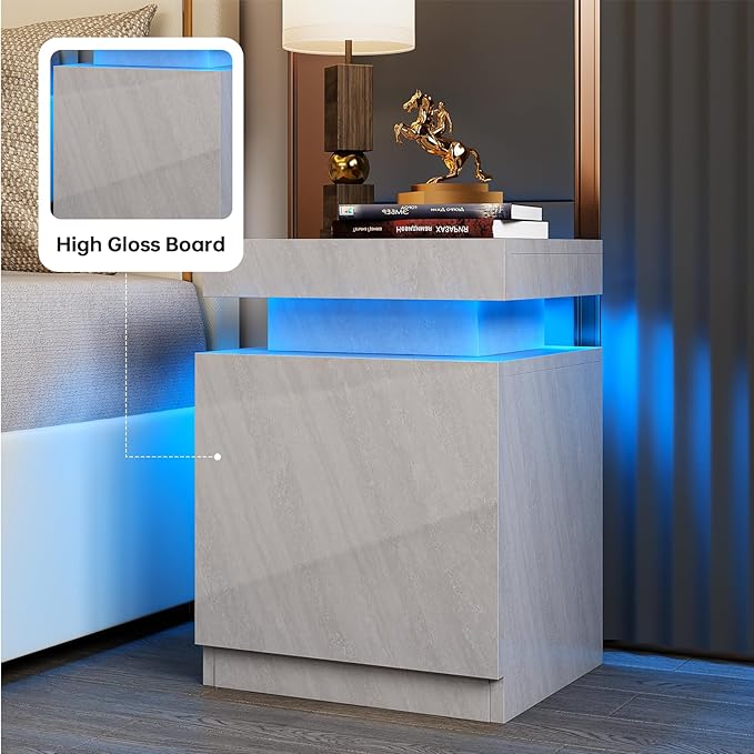 Nightstands Set 2, 17 Inches Modern Bedside Table with LED Lights, LED Night Stand Set of 2, High Gloss Surface, End Table with Storage for Bedroom, Grey