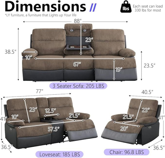 Power Recliner Sofa Set, Living Room Furniture Sets, Luxury Recliner Sofa and 2 Chairs with Cup Holders/Charging, Corduroy & Breathing Leather Reclining Couch for Home Theater/Office, Brown