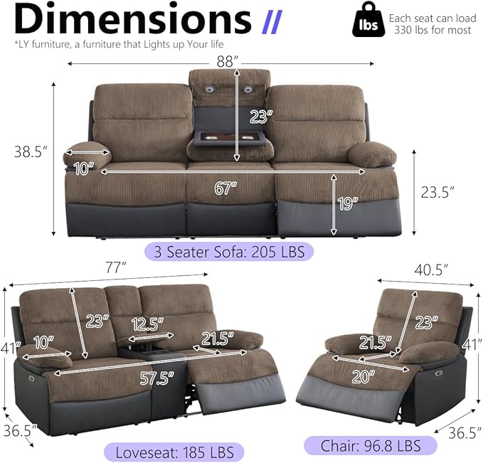 Power Recliner Sofa Set, Living Room Furniture Sets, Premium Fabric Recliner Sofa and Chair Set with Cup Holders/Charging, Corduroy & Breathing Leather Reclining Couch for Home Theater, Brown