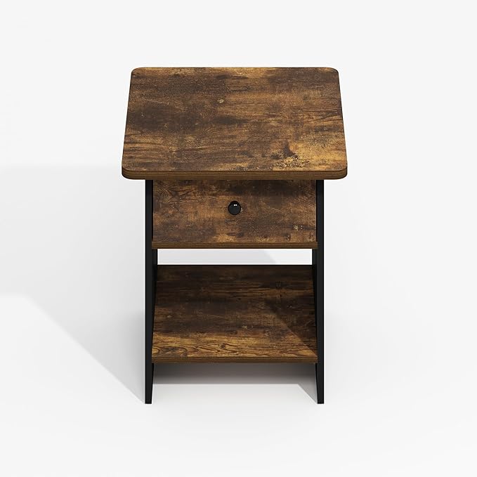Furinno Modern Side Table, Square End Table with Storage Bin, Round Corner Night Stand, Bedside Table with Storage Shelf, for Living Room, Bedroom, Amber Oak