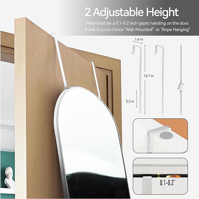 57x20 Door Hanging Full Length Mirror, Floor (Height 5.7ft just Body in1.3ft) or Wall Mounted Metal Frame Arch Dressing Mirrors for Bedroom Bathroom Living Room 57 20 inch Silver