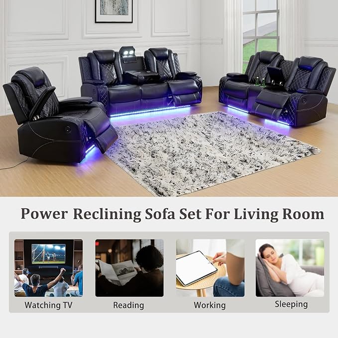 Power Recliner Loveseat, Air Leather Reclining Couch with LED/Cup Holders/Storage, 2-Seater Reclining Sofa, Black Leather Couch for House/Apartment/Office