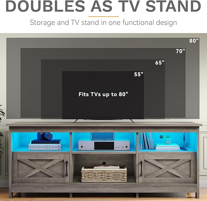 DWVO Farmhouse TV Stand with Power Outlets & LED Lights, Entertainment Center for TVs up to 80", TV Console with Storage Cabinets & Open Shelves for Living Room (Washed Grey)