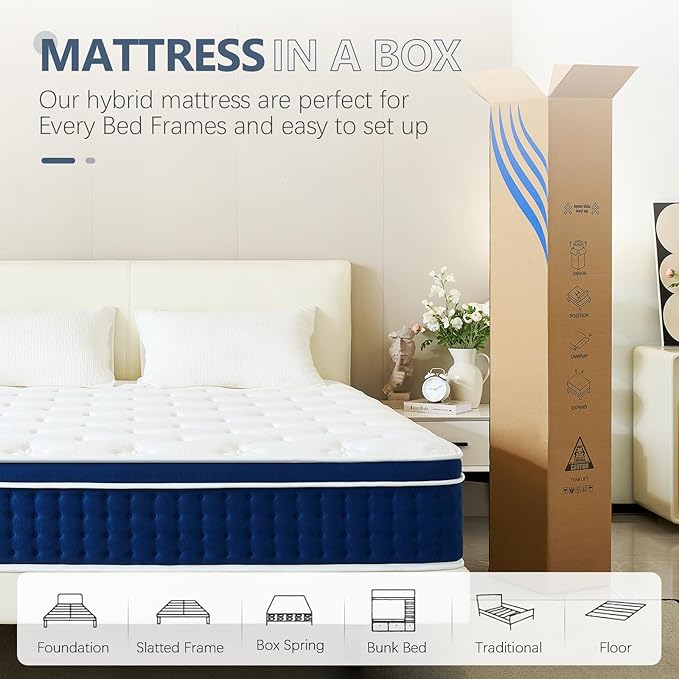 12 Inch Full Size Mattress, Hybrid Full Mattress with Pocket Spring and Memory Foam for Pressure Relief, Motion Isolation, Edge Support, Medium Firm Mattress in a Box, CertiPUR-US,Blue