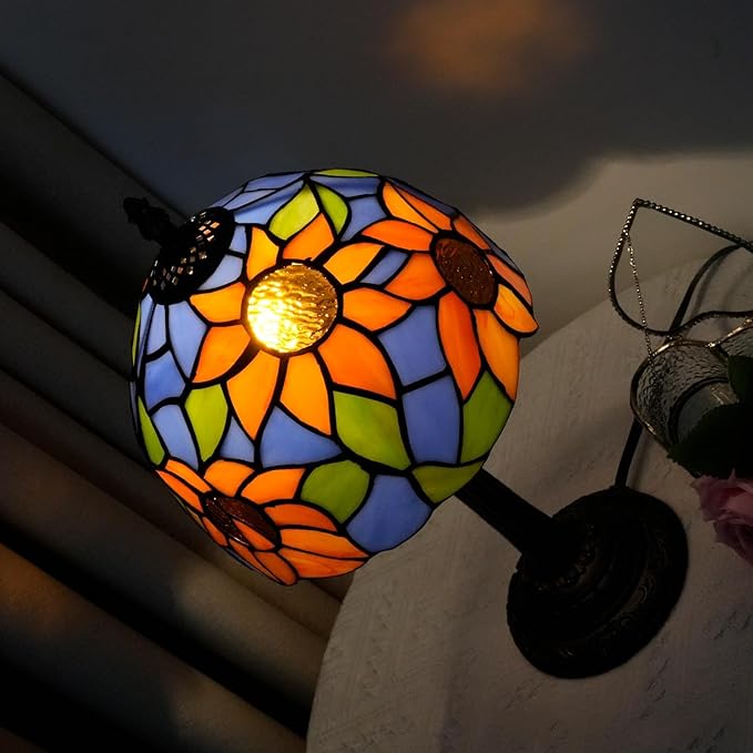 Tiffany Lamp Bedside Table Lamp-Nightstand,Stained Glass Lamp for Bedroom Dorm Living Kitchen, Aesthetic Cute Home Decor Gift (Blue Background Sunflower)