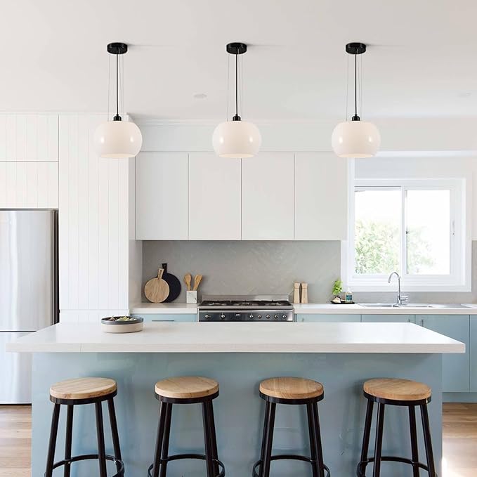 BOKT Modern Large Globe Pendant Light Black White Dome Glass Pendant Lighting Mid Century Farmhouse Kitchen Island Hanging Light Fixture Dining Room Ceiling Hanging Lamp