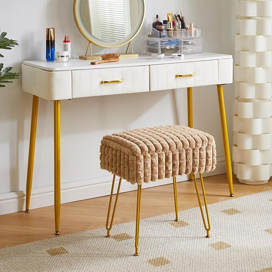 IBUYKE Rectangle Vanity Chair with Storage Space, Footrest Footstool Ottoman, Vanity Stool, Dressing Table Chair, with Anti-Slip Feet, for Makeup Room, Bedroom, Square Grid Pattern, Khaki WBD004K