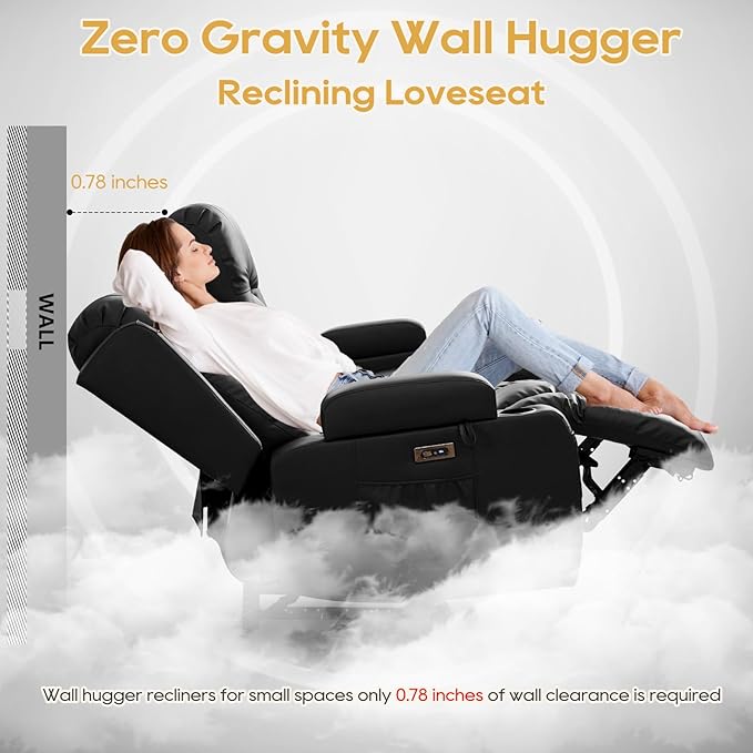IPKIG Power Recliner Sofa with Flip-Up Backrest Console, USB & USB-C Ports, AC Outlet, LED Lights, Wall Hugger Recliners for Living Room, RV (Black, 67" - 3 Seat) | Faux Leather, Zero Gravity, Dual Reclining, 2 Lumabr Pillow, Bluetooth Speakers
