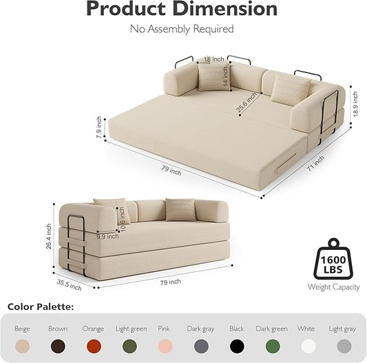 79in Convertible Sofa Bed, Corduroy Boneless Couch Bed, Futon Sleeper Sofa Pull Out Bed, Foldable Couch for Living Room Apartment, No Assembly Required