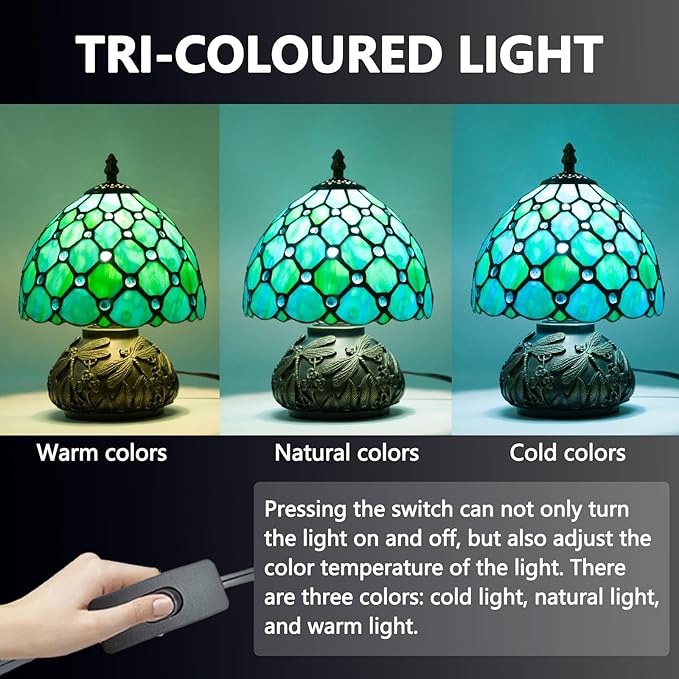 Small Tiffany Table Lamp,Stained Glass Lamp,8 Inch Mushroom Style Mini Vintage Desk Lights for Bedside, Bedroom,Nightstand,Living Room,3 Color Temperature (Blue)