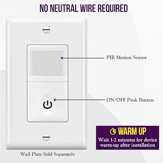 ENERLITES PIR Motion Occupancy Vacancy Motion Sensor Light Switch, 500W, 5A, Motion Sensor Night Light, Single-Pole, Smart LED Backlight, Neutral Not Required, Ground Required, HMOS-J-W, White