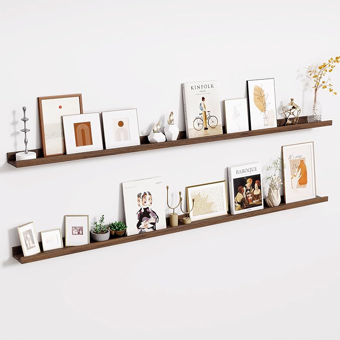 Fun Memories Long Wall Shelves Set of 2-72 Inch Floating Shelves for Wall - Picture Ledge Shelf with Lip for Storage - Wall - Mounted Shelves for Bedroom - Living Room - Kitchen - Walnut Color