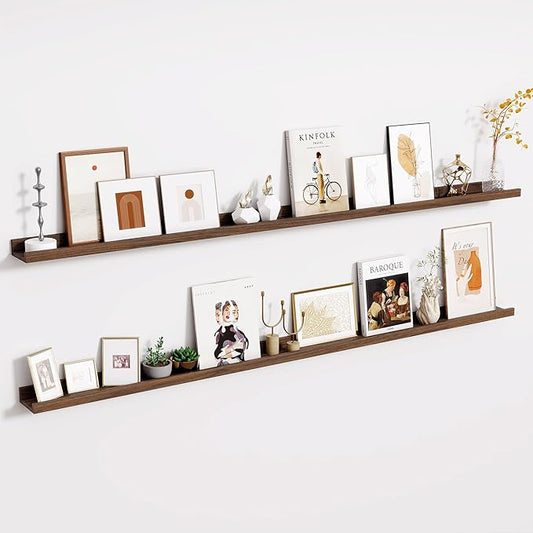 Fun Memories Long Wall Shelves Set of 2-72 Inch Floating Shelves for Wall - Picture Ledge Shelf with Lip for Storage - Wall - Mounted Shelves for Bedroom - Living Room - Kitchen - Walnut Color