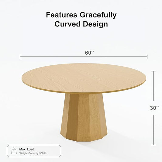 Casaphoria 60" Round Dining Table, Modern Wood Kitchen Table with Cone Shaped Strip Polygonal Base for Living Room & Dining Room, Easy Assembly Farmhouse Furniture for 4-6, Oak
