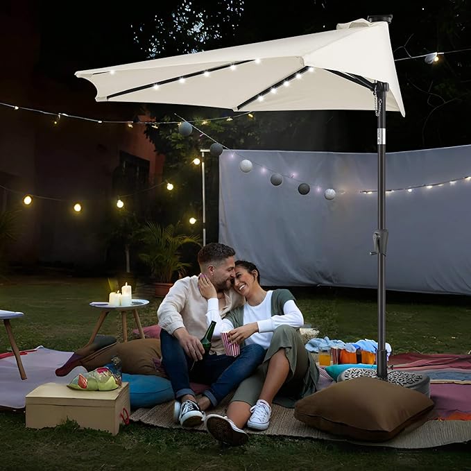 9FT Solar Half Umbrellas Outdoor - LED Half Patio Umbrella with 25 Lights, UV Protection Waterprool, Half Round Umbrella for Wall Balcony, Pool, Porch, Garden, Deck, Backyard, Ivory
