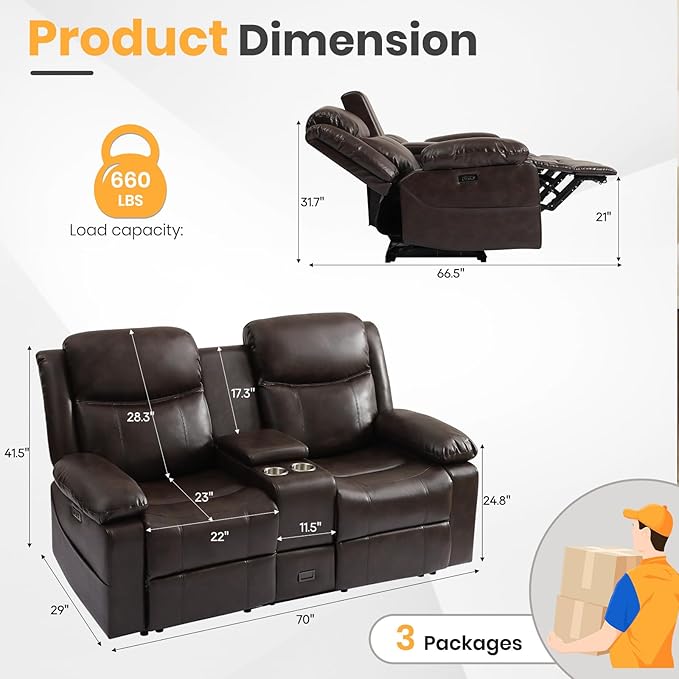 Power Loveseat Recliner Sofa with Console, Electric Reclining Couch with Colorful Light/Storage/USB/Type C, RV Wall Hugger Recliners Loveseat for Living Room & Home Theater & RV