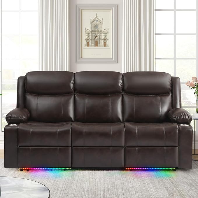 Reclining Sofa, Electric 3 Seater Recliner Sofa with Colorful Light/USB/Type C/Cup Holder, Wall Hugger RV Recliners Reclining Couch for Living Room & Home Theater